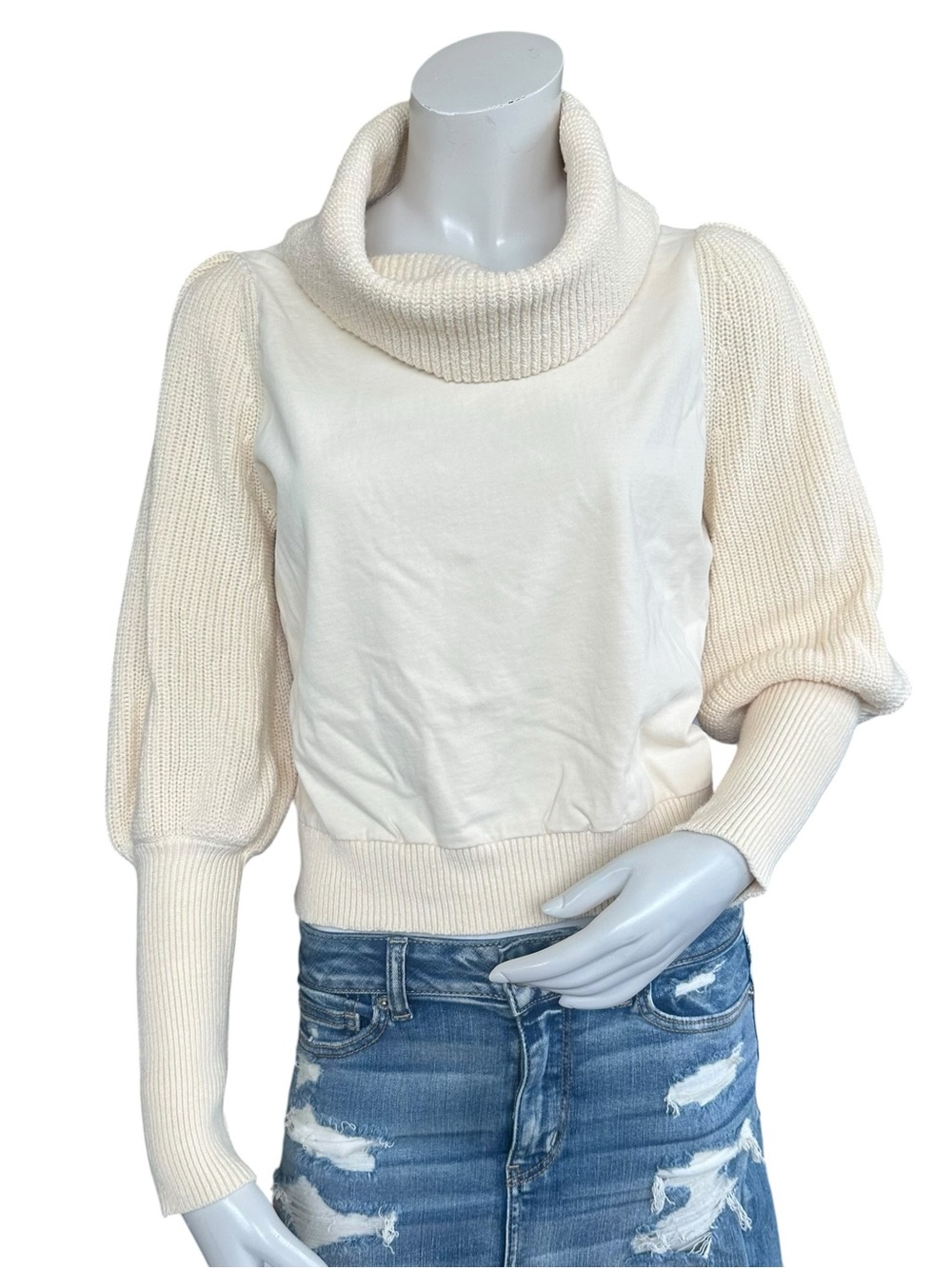 Anthropologie Dolan Cream Mix Material Balloon Sleeve Cowl Turtleneck Sweater XS